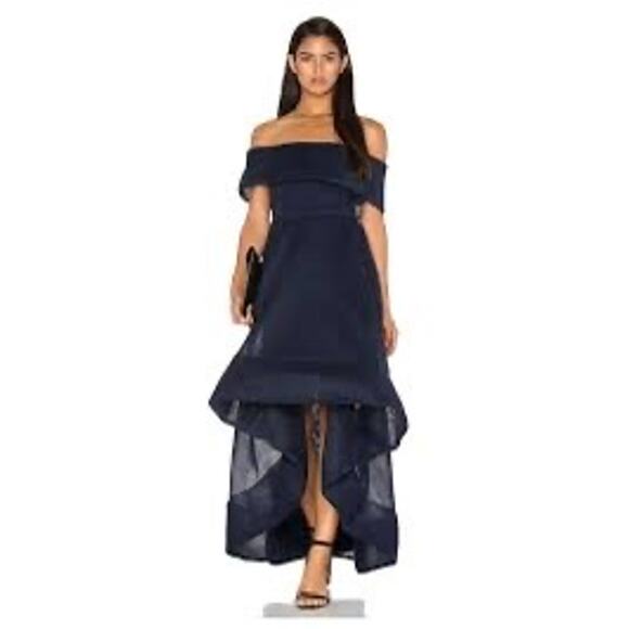 Bronx & Banco Formal Off-Shoulder Tulip Dress in Navy Blue Size 6 High Low Hem - Picture 1 of 14